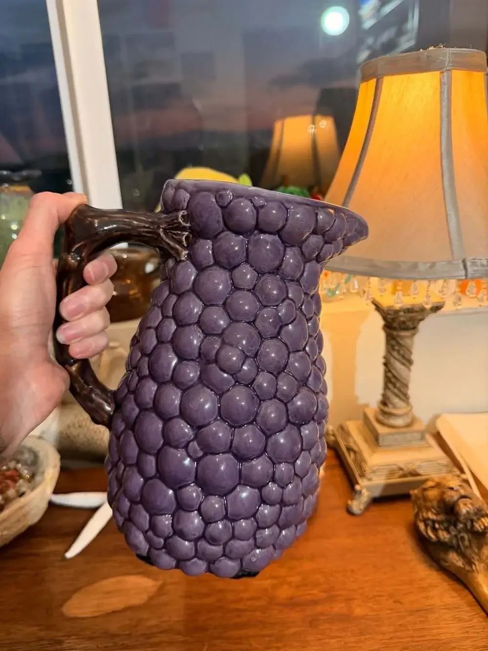 Jay Willfred Purple Grape and Green Leaf Majolica Ceramic Pitcher Jug